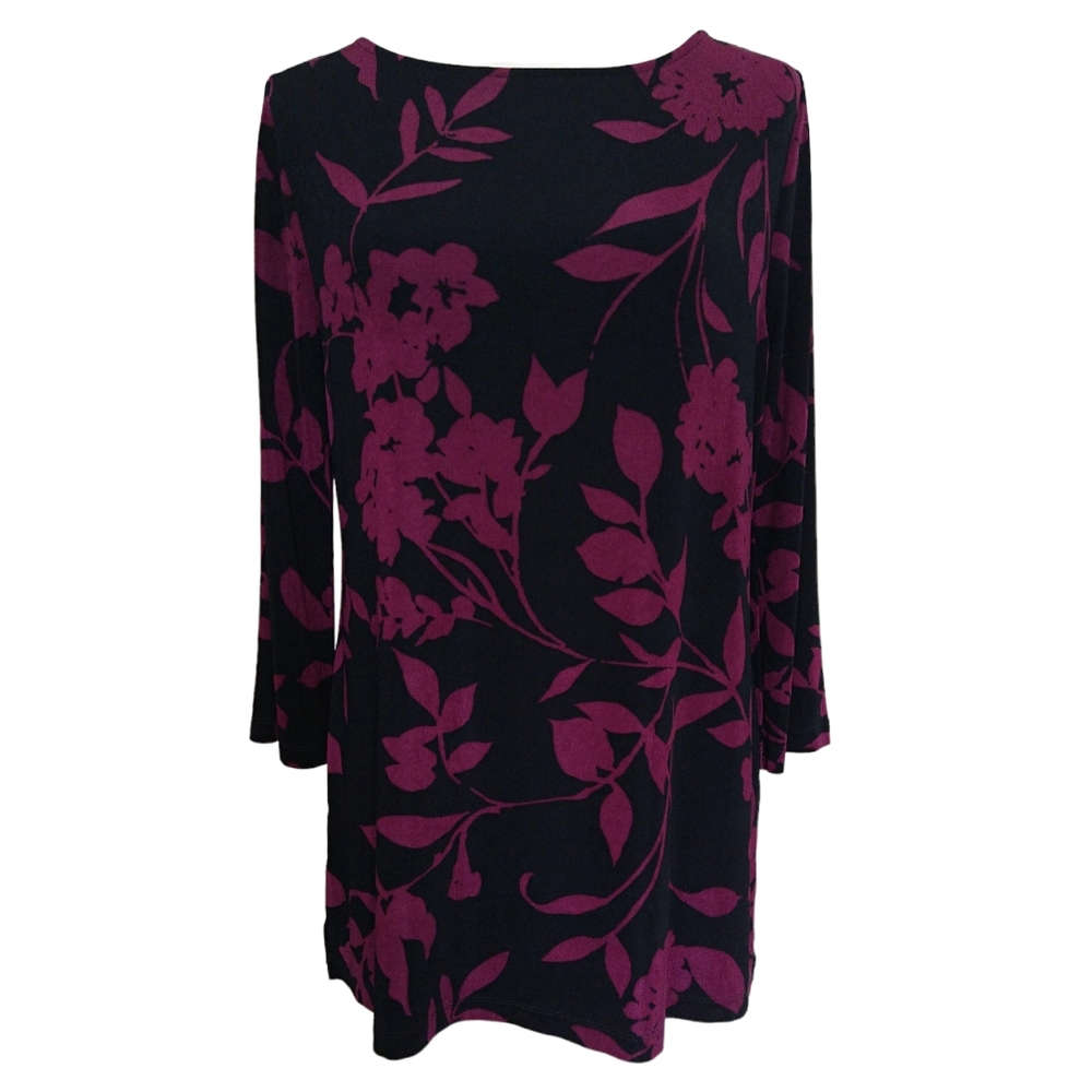 Chico's Travelers Black Purple Floral 3/4 Sleeve Slinky Knit Tunic Stretchy